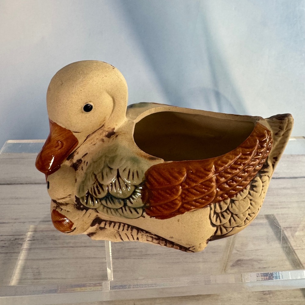 VTG Ardco Ceramic Mother Duck Duckling Planter Small Tan Brown Farmhouse Decor